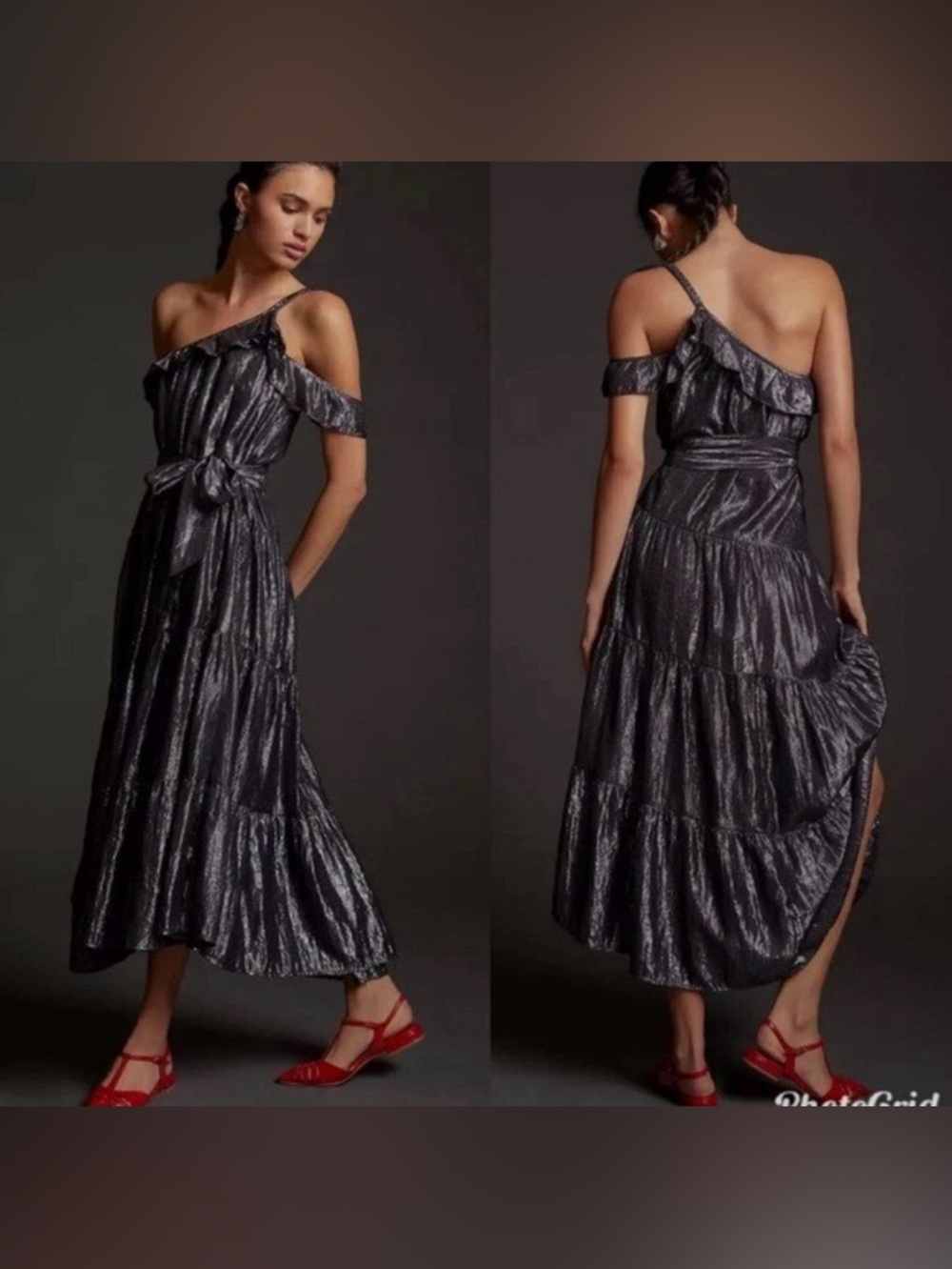 Maeve Anthropologie one shoulder silver ruffled midi dress size Large